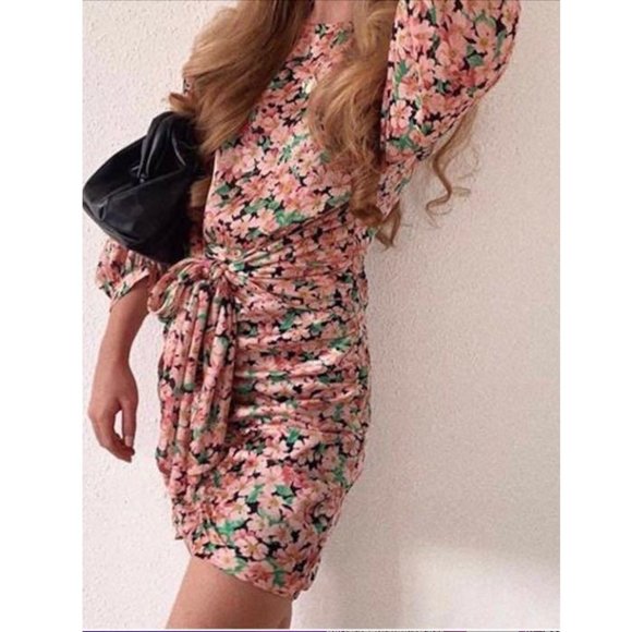BLOGGER'S FAVE! Printed Floral Draped Mini Dress Pink Green Black Sz XS NWT - Picture 10 of 14